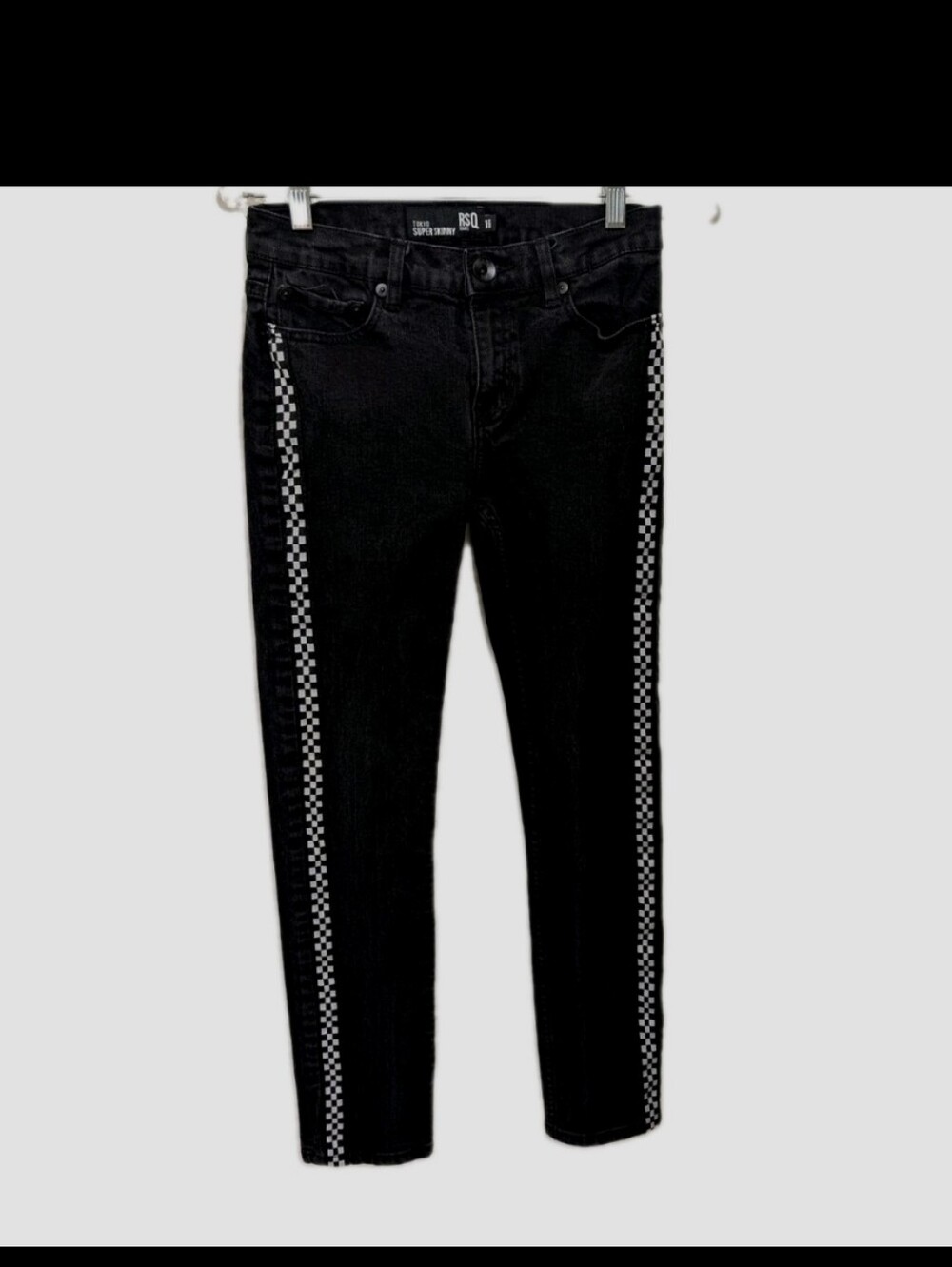 RSQ Tokyo Super Skinny Black Denim Jeans Checker Flag Piping Girls 16 #7111